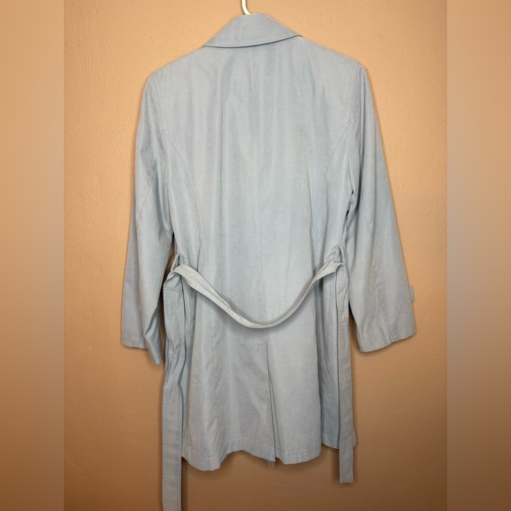 Vtg Worthington Dusty Blue Trench Coat Size Small Petite Belted Double Breasted - Picture 10 of 15